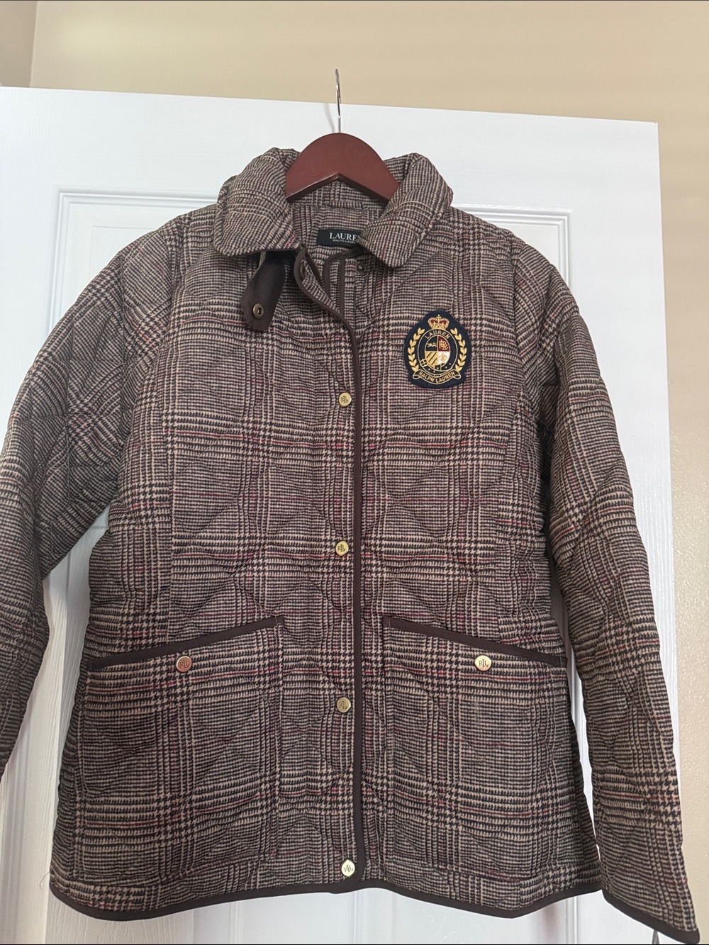 Lauren Ralph Lauren Brown Plaid Quilted Jacket with Embroidered Crest